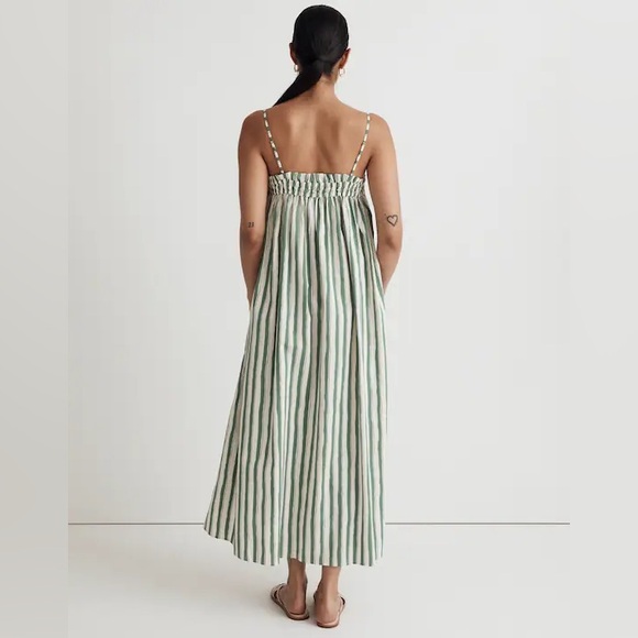 New Madewell Women Poplin Ruffle A Line Midi Dress in Stripe Versailles Green M - Picture 3 of 5